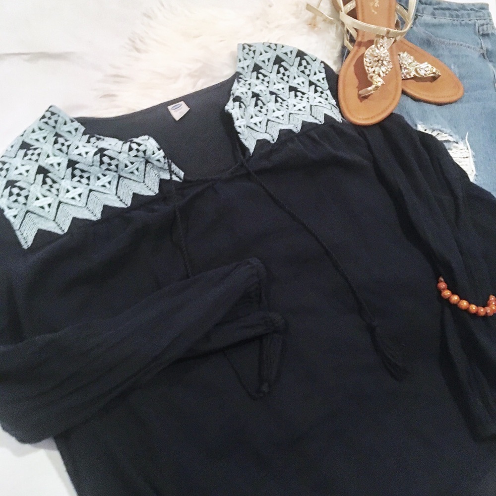 Navy and blue embroidered peasant top, XL